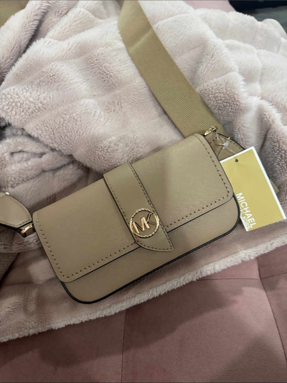 Michael Kors Taupe Crossbody Phone Bag with Gold MK Accent